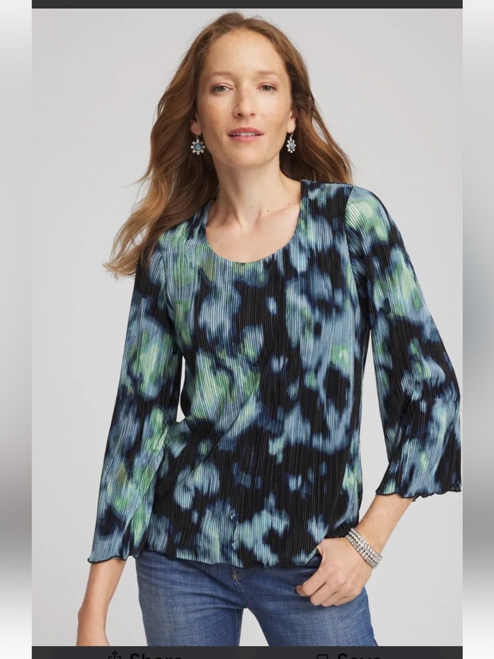 Chico’s Bodre Abstract Print Teal Black Flare Sleeve Pleated Long Sleeve Blouse